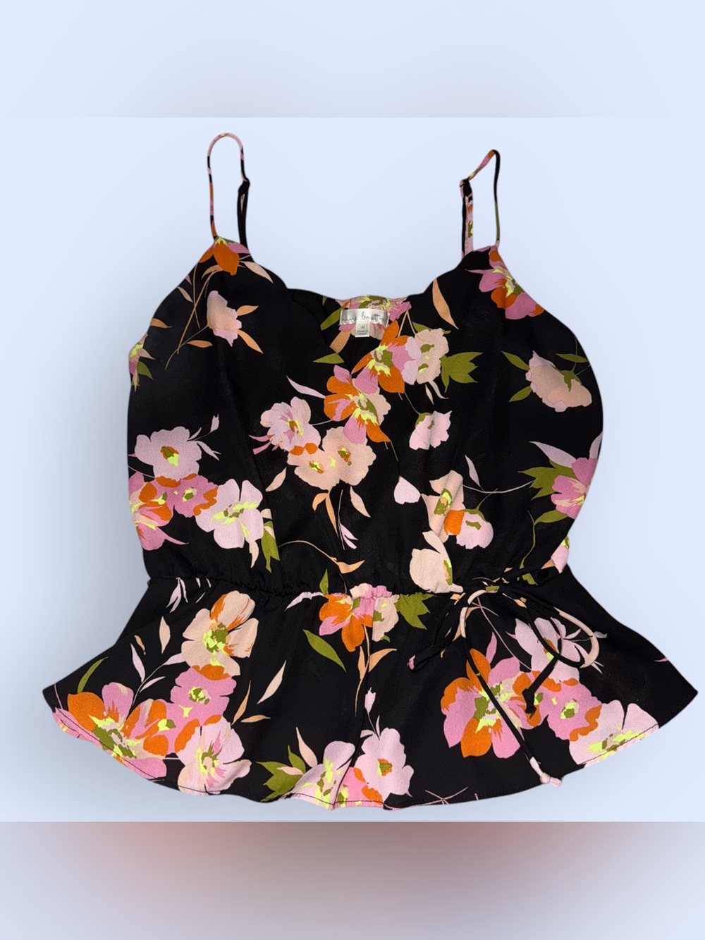 Nine Britton Black Floral Spaghetti Strap Peplum Top